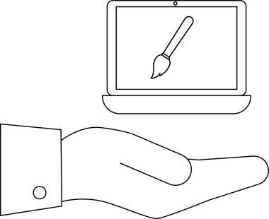 Bir el ekranında boya fırçası simgesi olan bir dizüstü bilgisayar tutuyor. Dijital tasarım ve yaratıcı teknolojiyi temsil ediyor..