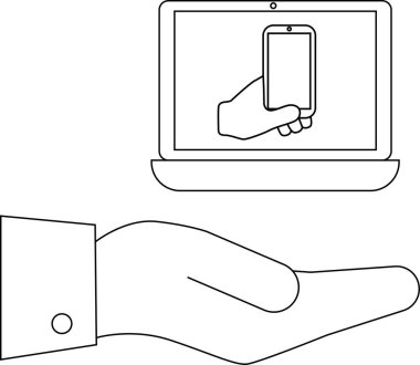Bir dizüstü bilgisayarın ekranında bir telefon gösteren el çizimi teknolojiyi ve dijital erişimi sembolize ediyor..
