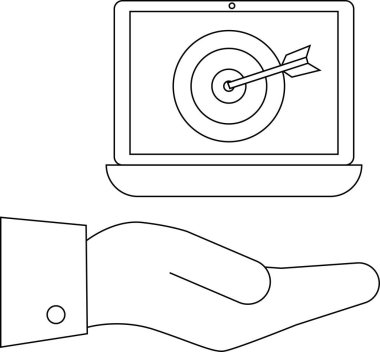 Merkezi bir ok ile hedefi gösteren dizüstü bilgisayarı tutan bir el tasviri hassasiyeti ve başarıyı simgeliyor..