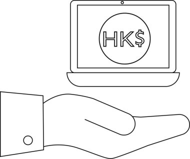 Bir el, online finans ve dijital para birimini temsil eden Hong Kong dolar sembolünü gösteren bir dizüstü bilgisayar ekranını sunar..