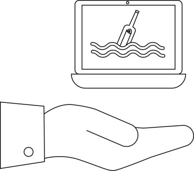 Bir el, bir şişe simgesinde bir mesaj gösteren, dijital iletişimi, teknolojiyi ve mesaj gönderme veya alma kavramını sembolize eden bir dizüstü bilgisayar sunar..