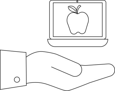 Bir el, modern, minimalist bir tasarımda eğitim, teknoloji ve bilgi paylaşımını sembolize eden bir elmayı gösteren bir dizüstü bilgisayar sunar..