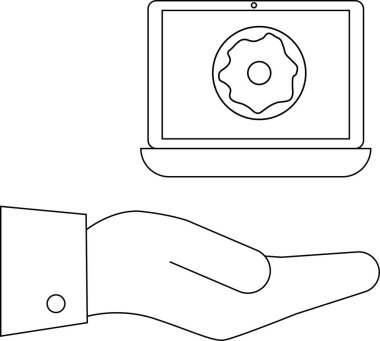 Bir el, dijital yiyeceği ya da çevrimiçi tatlı siparişi ve teslimat hizmetlerini sembolize eden bir donut gösteren bir dizüstü bilgisayar sunar..