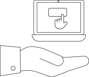 Bir el bilgisayara basılan bir düğmeyle çevrimiçi erişimi, teknolojiyi ve dijital etkileşimi sembolize ediyor..