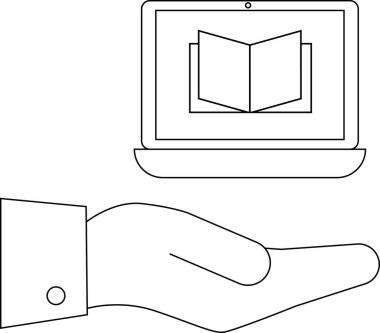 Bir el, çevrimiçi öğrenme ve dijital eğitim kaynaklarına erişimi simgeleyen açık bir kitap gösteren bir dizüstü bilgisayar sunar..
