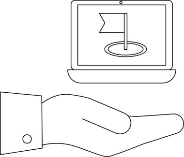 Bayrak simgesini gösteren dizüstü bilgisayar, iş ve kişisel gelişimde dijital hedefler, başarı ve teknolojiyi sembolize ediyor.