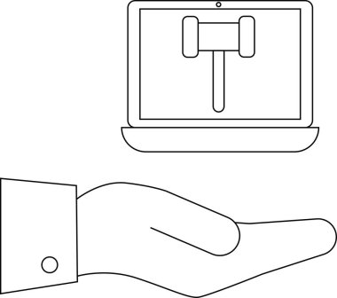 Bir el, online açık arttırmaları, hukuki hizmetleri veya dijital adaleti sembolize eden tokmak gösteren bir dizüstü bilgisayar sunar. Çok yönlü kullanım için temiz, minimalist tasarım.