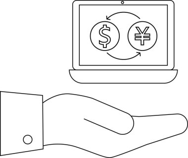 Çevrimiçi döviz kurunu tasvir eden bir çizgi sanat illüstrasyonunda, dolar ve yen sembollerini değiş tokuş oklarıyla gösteren bir dizüstü bilgisayar sunuluyor..
