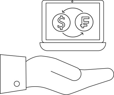Çevrimiçi para değişimi tasvir eden dijital bir illüstrasyon, açık bir elin üzerinde duran oklarla dolar ve frank sembollerini gösteren bir dizüstü bilgisayar..
