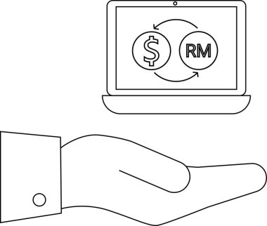 Döviz döviz simgelerini gösteren bir dizüstü bilgisayar sunan, çevrimiçi işlemleri ve mali desteği temsil eden bir el resmi.