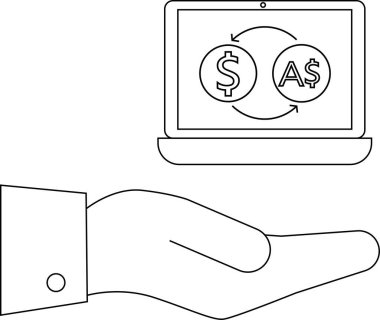 Bir el, ABD ve AUD arasındaki çevrimiçi döviz alışverişine mali yardımı ve dijital işlemleri sembolize ederek destek sunuyor.