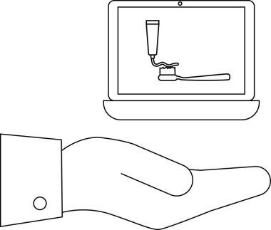Diş fırçasında diş macununu gösteren, online diş bakımı ve hijyen hizmetlerini temsil eden bir el bilgisayarı tutuyor.