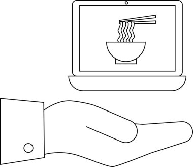 Bir dizüstü bilgisayarın yemek çubuklarıyla bir kase erişte sergilediği bir çizgi çizimi, açık elle tutulmuş, çevrimiçi yemek dağıtımını sembolize ediyor..