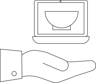 Tabak gösteren bir dizüstü bilgisayar sunan bir el resmi, çevrimiçi gıda bağışı ve desteği temsil ediyor..