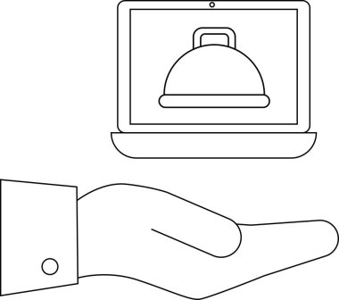 İnternetten sipariş ve teslimat hizmetlerini sembolize eden üstü kapalı bir yemeği gösteren bir el bilgisayarı..