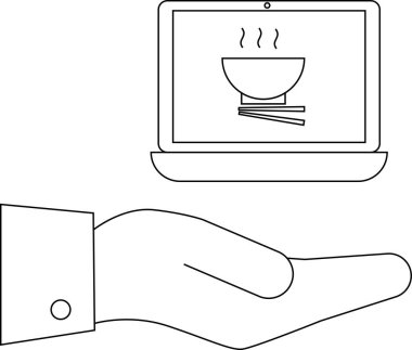 Yemek çubuklarıyla bir kase sıcak yiyeceği gösteren bir dizüstü bilgisayar sunan, online yemek sipariş ve teslimat servislerini temsil eden bir el..