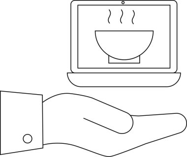 Bir el, bir kase yiyecek gösteren bir dizüstü bilgisayarla çevrimiçi yemek siparişi ve teslimat hizmetlerini sembolize ediyor..