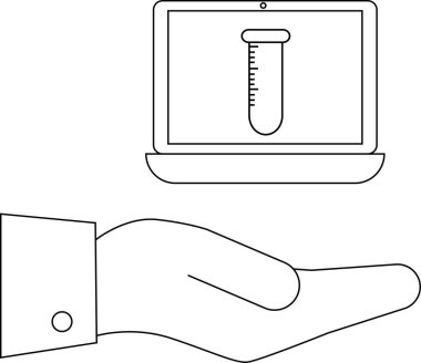 Bir el, online tıbbi araştırma ve sağlık teknolojisini temsil eden test tüpünü gösteren bir dizüstü bilgisayar tutuyor..