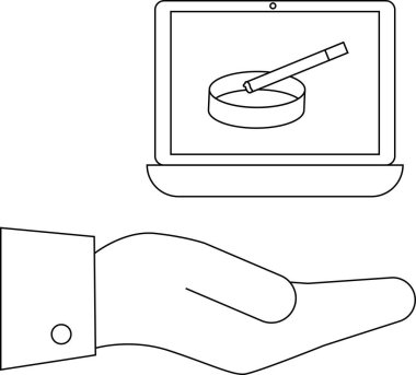 Bir el küllükte sigara sergilenen bir dizüstü bilgisayar sunuyor, çevrimiçi sigara bırakma programlarını sembolize ediyor ve sigarayı bırakmayı destekliyor.