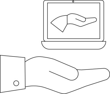 Çevrimiçi desteği tasvir eden minimalist bir illüstrasyon, yardım eli simgesini gösteren bir el yardımı ve bir dizüstü bilgisayar sunuyor.