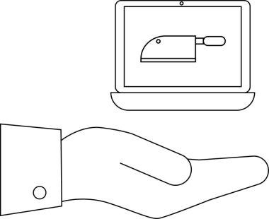 Bir el, satırı gösteren, çevrimiçi tehditleri, siber suçları veya minimalist sanat tarzında dijital güvenlik risklerini sembolize eden bir dizüstü bilgisayar sunar..