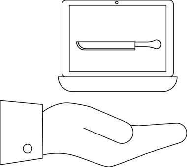 Bir el, internetteki tehditleri ve siber suçları sembolize eden bıçağı gösteren bir dizüstü bilgisayar ekranı sunar. Dijital tehlike ve güvenlik risklerinin kavramsal çizimi.