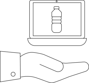 Bir el su şişesini gösteren bir dizüstü bilgisayara uzanır, online alım veya teslimatı önerir..