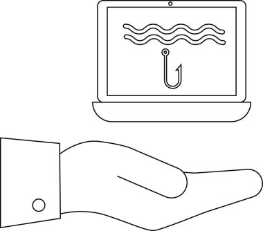 Sahte bir saldırıyı tasvir eden bir çizgi çizimi, bir dizüstü bilgisayar görüntüsü, bir kanca ve ona uzanan bir el..