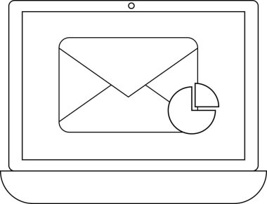 Bir dizüstü bilgisayarın, veri analizi ve iletişimi sembolize eden, pasta grafiğiyle birleştirilmiş bir e-posta simgesini gösteren basit bir çizgi çizimi..