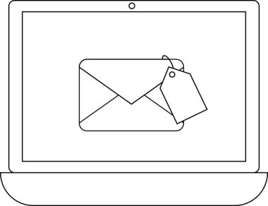 Etiketli bir e- posta simgesini gösteren, çevrimiçi pazarlamayı, e-posta kampanyalarını ve dijital iletişimi temsil eden bir dizüstü bilgisayar.