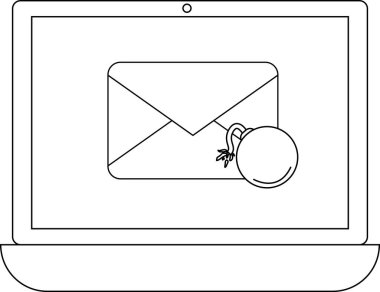 Dijital tehditleri ve siber güvenlik risklerini simgeleyen bombalı bir e-posta simgesini gösteren bir dizüstü bilgisayar.