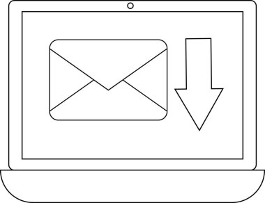 İndirme oku ile bir e- posta simgesini gösteren bir dizüstü bilgisayar üzerinde dijital iletişimi, dosya transferini ya da iletileri sembolize eden.