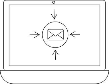 Bir dizüstü bilgisayar ekranı içeriyi gösteren oklarla çevrili bir e- posta simgesi gösterir, gelen iletileri veya e- posta odaklarını sembolize eder.
