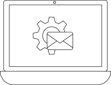 Bir bilgisayar aygıtında bir dişli ve zarf simgesini gösteren, e- posta ayarlarını veya yapılandırmayı sembolize eden bir dizüstü bilgisayar.