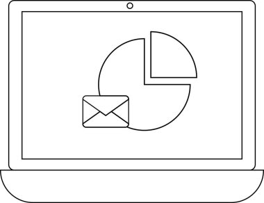 Bir dizüstü bilgisayar, dijital çalışma alanında iş analizi ve iletişimi sembolize eden bir pasta grafiği ve e-posta simgesi gösterir.
