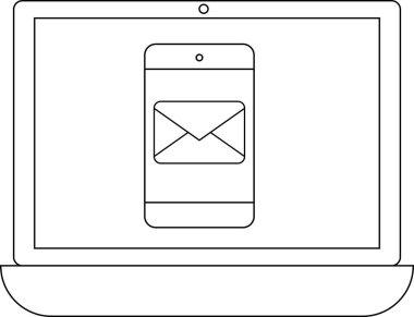 Mesajlaşma ve bilgi alışverişi için dijital iletişimi, bağlantıyı ve modern teknolojiyi sembolize eden bir akıllı telefonu e-posta simgesi ile gösteren bir dizüstü bilgisayar ekranı.