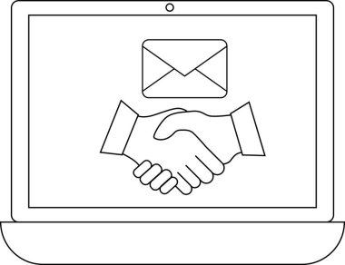 Bir dizüstü bilgisayarda, modern, bağlantılı bir dünyada çevrimiçi iş anlaşmaları, iletişim ve dijital anlaşmaları sembolize eden bir el sıkışma ve e-posta simgesi gösterilir..