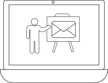 Bir dizüstü bilgisayar, sunucu simgesi eşliğinde çevrimiçi iletişim ve dijital sunumları sembolize eden bir e- posta simgesi ile bir sunum gösterir.