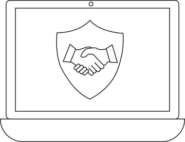 Bir dizüstü bilgisayar ekranında, çevrimiçi güvenlik, güven ve güvenli dijital anlaşmaları temsil eden bir tokalaşma görülüyor. Siber güvenlik kavramlarını resmetmek için ideal.