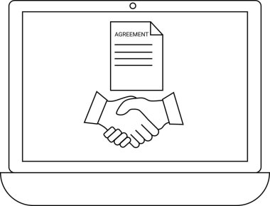 Bir dizüstü bilgisayar, dijital dünyadaki çevrimiçi anlaşmaları ve ortaklıkları sembolize eden bir anlaşma belgesinin altında el sıkışma sergiliyor.