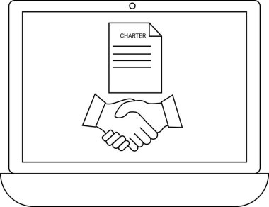 Bir dizüstü bilgisayar, çevrimiçi anlaşmaları, dijital ortaklıkları ve sanal sözleşmelerin kolaylığını sembolize eden bir Çerçeve belgesinin altında el sıkışmasını gösterir..