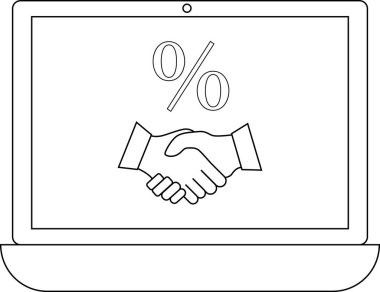 Bir dizüstü bilgisayar ekranında, dijital bağlamda çevrimiçi anlaşmaları, ortaklıkları veya finansal anlaşmaları sembolize eden yüzde sembolü altında bir el sıkışma gösterilir..