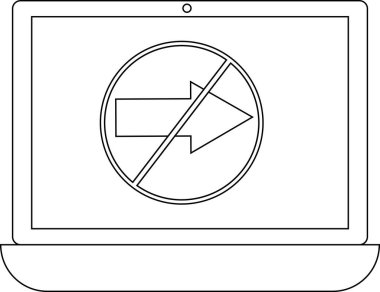 Bir dizüstü bilgisayar ekranı çapraz bir çizgi ile çizilmiş bir sağ ok sembolü gösterir, bu da kısıtlama veya yasaklamayı gösterir.