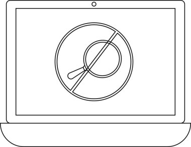 Bir dizüstü bilgisayar ekranı arama işlevselliği veya bilgiye erişim kısıtlamalarını belirten, yasaklı bir arama işareti gösterir.