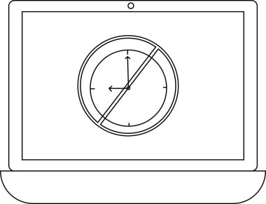Bir dizüstü bilgisayarın, üzerinde çizgi olan bir saati gösteren, zaman ve zaman kısıtlamasını sembolize etmeyen bir çizgi çizimi..
