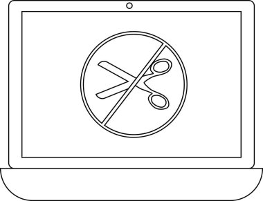 Makas olmayan bir sembol gösteren, dijital içeriği kesme, kopyalama veya düzenleme kısıtlamalarını temsil eden bir laptop. Telif hakkı, fikri mülkiyet hakları ve içerik koruma tedbirlerini sembolize eder.
