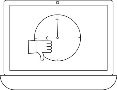 Bir dizüstü bilgisayar ekranı, zaman yönetimi veya son teslim tarihleriyle ilgili olumsuz geri bildirim veya onaylanmamayı sembolize eden, başparmağından aşağı simgeli bir saat gösterir.
