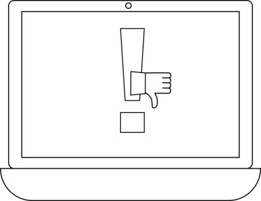 Bir dizüstü bilgisayar ekranı, dijital bağlamda onaylamamayı, hatayı veya olumsuz geri bildirimi sembolize eden bir başparmak izi ünlem simgesini gösterir..