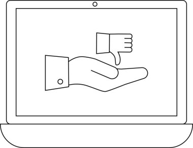 Bir dizüstü bilgisayar ekranı, dijital bağlamda onaylamama, sevmeme veya olumsuz geri bildirimi sembolize eden bir eli gösterir.