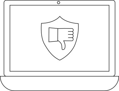 Bir dizüstü bilgisayar ekranında, dijital bağlamda onaylamamayı, olumsuzluğu veya reddedilmeyi temsil eden, başparmakları aşağıda olan bir simge ile bir kalkan simgesi gösterilir..